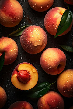 Flat lay of perfectly cut peaches with water drops in cinematic lighting created with Generative AI technology
