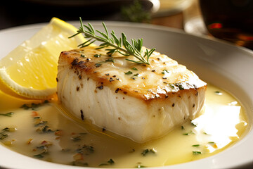 Grilled halibut with lemon butter and herbs on plate in beautiful lighting created with Generative AI technology - obrazy, fototapety, plakaty
