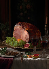 Holiday table setting of whole cut ham with fruit and wine created with Generative AI technology