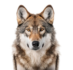 portrait / face of a wolf looking straight into the camera against a transparent background, isolated wildlife / nature design element, generative AI - 600241850