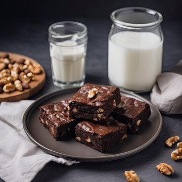 Homemade chocolate brownies with pecans with glass of milk created with Generative AI technology