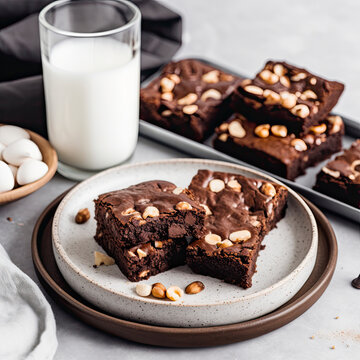 Homemade chocolate brownies with peanuts with glass of milk created with Generative AI technology