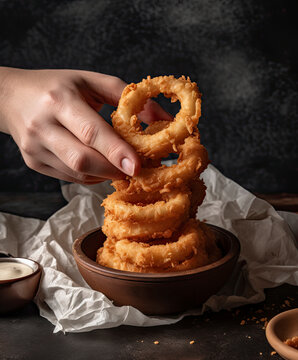 Hand reaching for perfect golden fried onions in a stack created with Generative AI technology