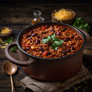 Pot of homemade chili with beans created with Generative AI technology