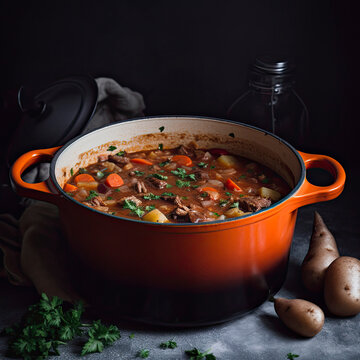 Homemade pot of stew with potatoes and carrots created with Generative AI technology