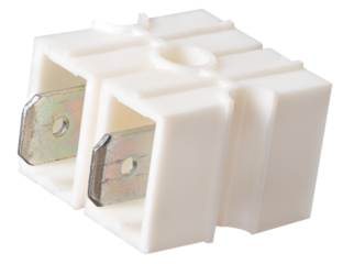 Plastic cube for connecting electric wires. Isolated background.