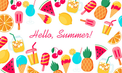Hello summer banner with watermelon, oranges, drinks, coctails, lemon and cherry.