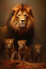 family of lions in realistic ilustrations. AI art.