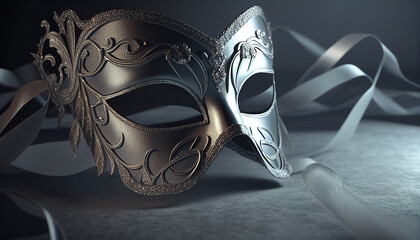 Elegant costume masquerade silver platinum mask w ribbons luxurious backdrop of glitter, sparkle, photography style for beautiful festive holiday invitations announcements flyers (generative AI, AI) 