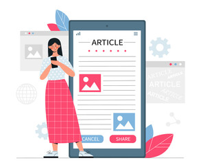 Online article concept. Woman looking for information on Internet, young girl on website reads text with pictures. Interesting content for web page, mass media. Cartoon flat vector illustration