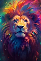 Images of colorful lions with abstract effects. AI art.