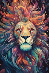 Images of colorful lions with abstract effects. AI art.