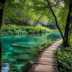 Majestic view of lakes walking on wooden walkway across Plitvice national park Lakes Croatia. Generative AI