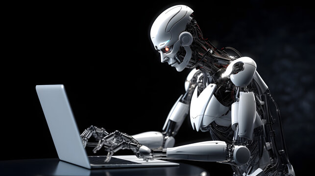 Artificial intelligence robot working on a laptop