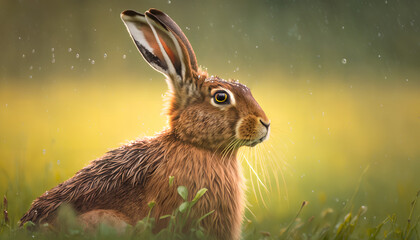 A close-up of a hare in a field in the rain.

