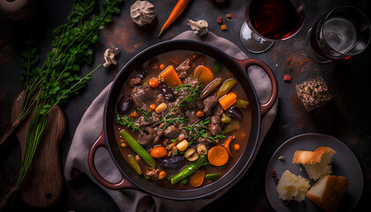 A bowl of beef stew with vegetables on a dark background

