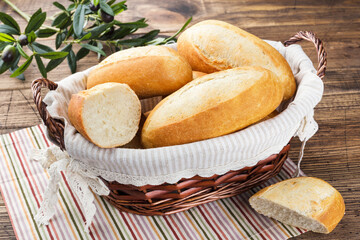 Crispy bread bun, in a bread basket