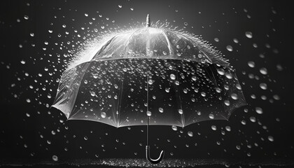 Transparent umbrella under rain against water drops splash background. Rainy weather concept