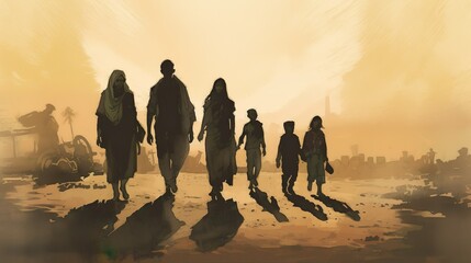 refugee family  walking in the dessert sunset, silhouette, watercolor illustration. Generative AI