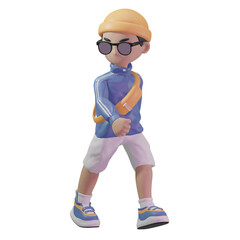 3d character with a blue jacket and sunglasses
