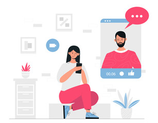 Video conference concept. Woman calls her boyfriend in social networks. Remote communication and interaction. Working from home, team of freelancers or students. Cartoon flat vector illustration