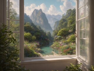 A picture of an oil painting looking outside into a fantasy landscape created with generative ai