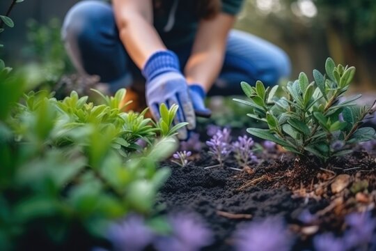 Photograph of a woman in garden gloves planting flowers to grow flowers in her garden with Generative AI