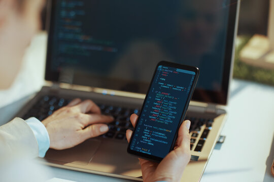 Modern female working on cyber security firewall protection