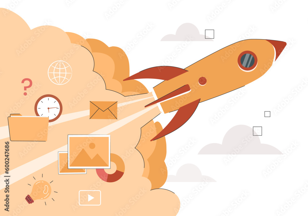 Poster market launch concept. launched rocket with clock and messages. business project and start up. marke