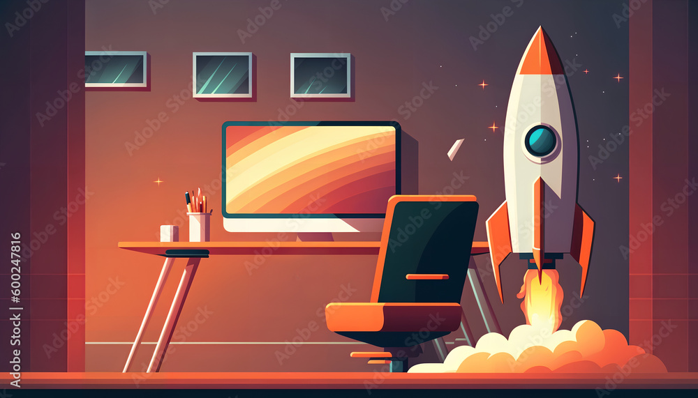 Poster rocket office desk worker blast off marketing and sales graphics trichromatic color scheme for graph