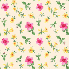Seamless watercolor pattern with exotic tropical flowers. Hibiscus, alamanda, yellow bell. Botanical illustration isolated on beige background. Can be used for fabric prints, gift wrapping paper