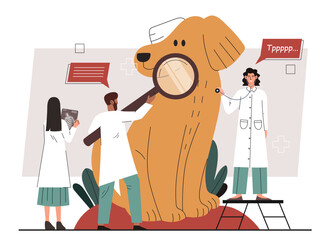 Veterinarians examining dog. Women and man in medical gowns with magnifying glass make diagnosis and choose optimal method of treatment. Vet clinic, doctors. Cartoon flat vector illustration