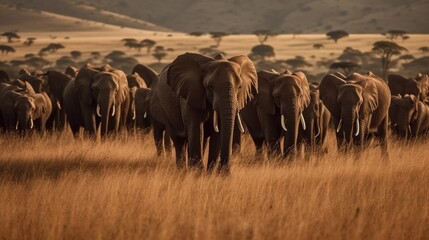 Obraz premium A large herd of elephants roaming in the savanna AI generated