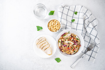 Warm backwheat pasta chicken vegetables salad with peanuts