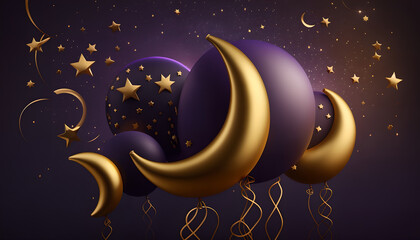 Obraz na płótnie Canvas 3d rendered gold balloons with crescent moon and lighting stars on dark sky violet background