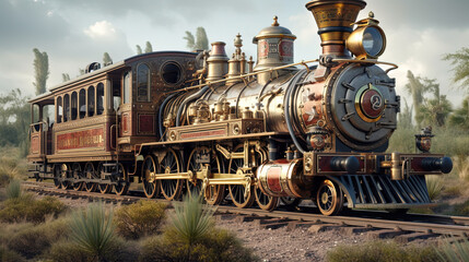 Old Antique Train Engine on Track AI Generative Image