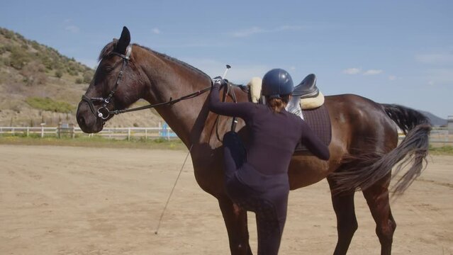 Horse rider mounting and petting happy horse in the countryside