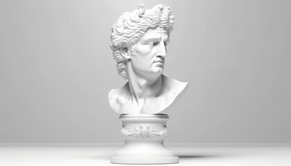 Creative. Plaster statue of Apollo&rsquo;s head in bitcoinglasses. Minimal concept art. 3d render.