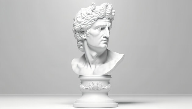 Creative. Plaster statue of Apollo’s head in bitcoinglasses. Minimal concept art. 3d render.