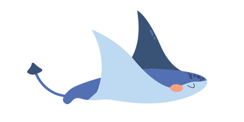 Cute stingray. Vector illustration of a blue stingray. Sea animal. Children's illustration in cartoon style. Underwater life. White isolated background.