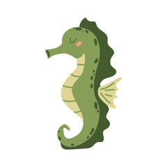 Cute seahorse. Vector illustration of a green seahorse. Sea animal. Children's illustration in cartoon style. Underwater life. White isolated background.