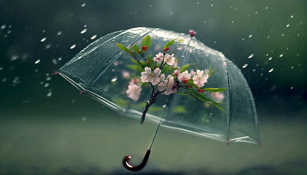 Transparent umbrella with cherry blossom in rain