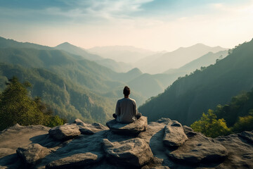 A person meditating on top of a hill, overlooking a vast landscape of mountains and forest. AI generative - obrazy, fototapety, plakaty