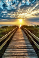 Boardwalk leading to the heaven, divine style, holy fantasy. AI generative