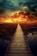 Boardwalk leading to the heaven, divine style, holy fantasy. AI generative