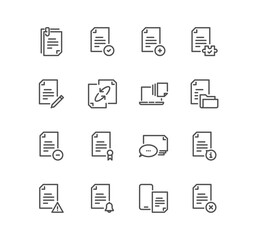 Set of document and paperwork related icons, document flow, contract, file folder, office work, invoice, legal, bureaucracy, clipboard and linear variety vectors.