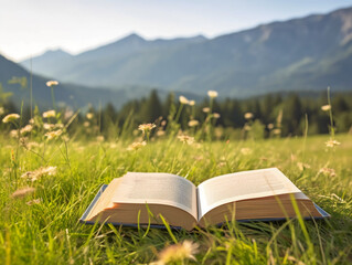 Book on the meadow with mountain at background. AI generative