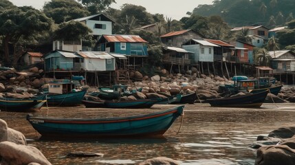 Fototapeta na wymiar A small fishing village with boats and nets AI generated