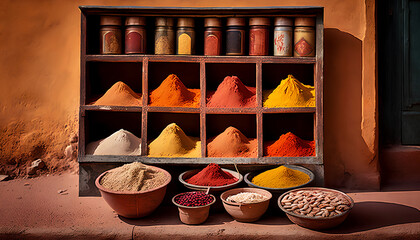 Spices powder stall outdoor. Curry