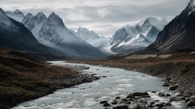 A snowy mountain range with a glacier river running AI generated © ArtStage